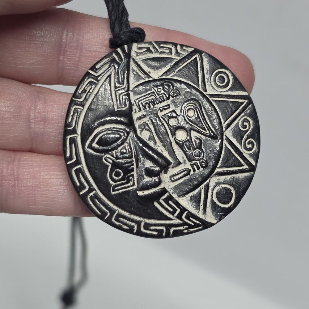 Vintage Black Coal Pendant Necklace Etched Aztec Sun And Moon Tribal Amulet